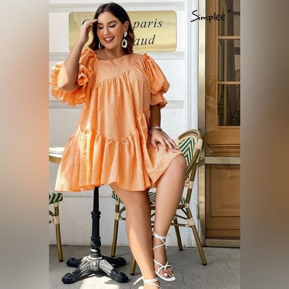 Simplee Plus orang/white seersucker gingham asymmetrical neck tiered ruffle midi - Picture 2 of 12